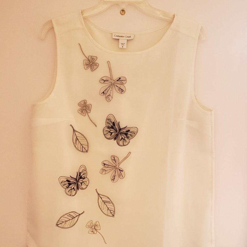 Coldwater Creek Ivory Sleeveless blouse with Sheer Embroidered Butterfly Overlay